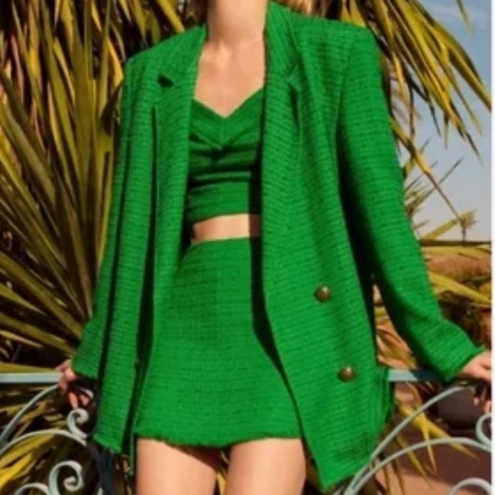 zara green oversized tweed blazer
